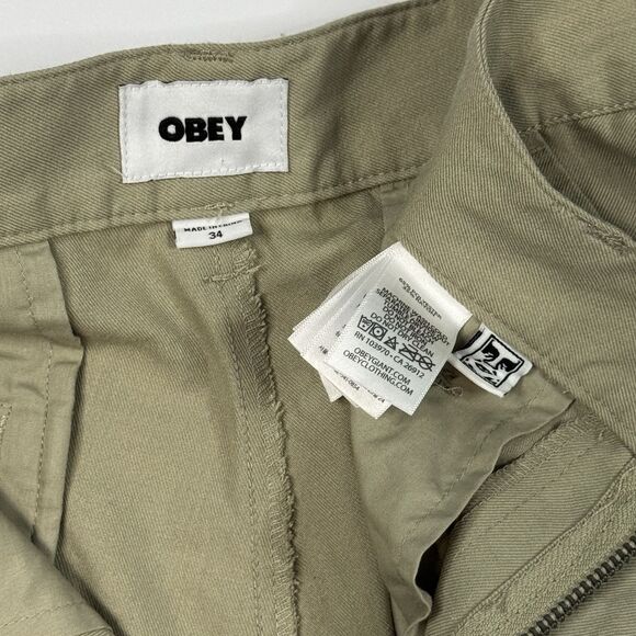 Obey Pants Fubar Pleated Mens Size 34 Stone Embroidered Rose - Picture 5 of 8